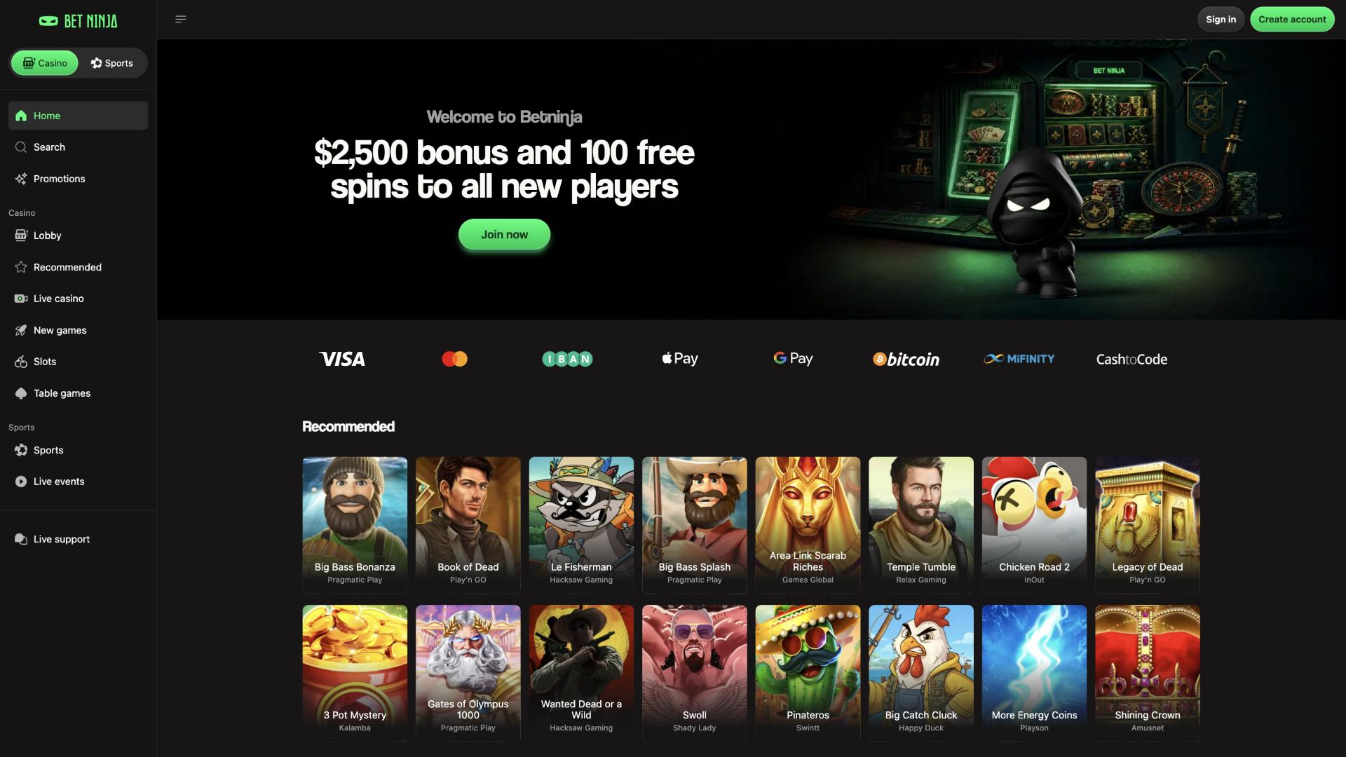 Screenshot of the Betninja website
